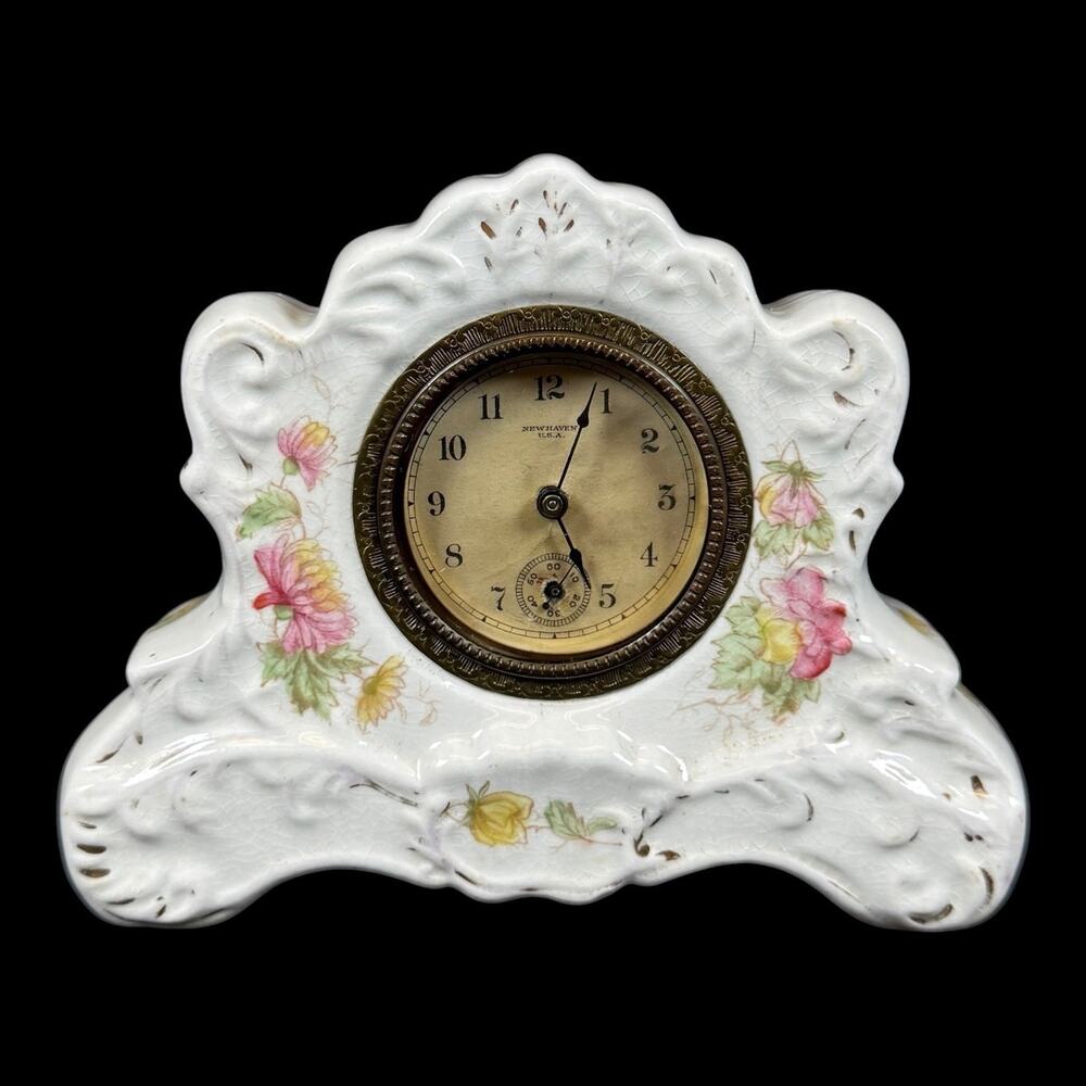 Antique 1800s New Haven Clock Co Victorian Porcelain Wind-Up Mantel Clock 6"